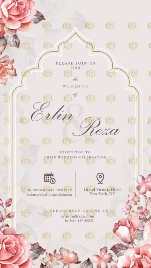 Beautiful Pink Rose Wedding Invitation Template With Floral Motifs And Delicate Script For A Romantic Touch